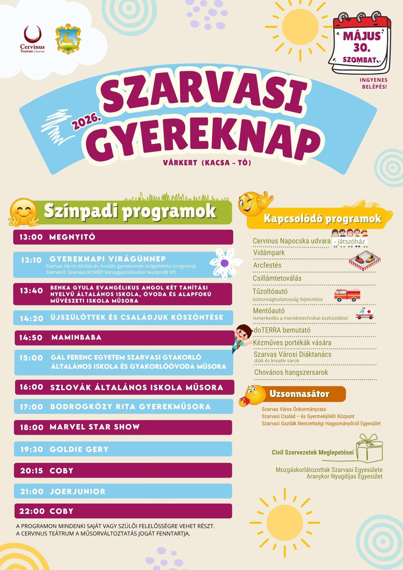 Szarvasi Gyereknap 2026 plakát részletes programbontással a Várkertben
